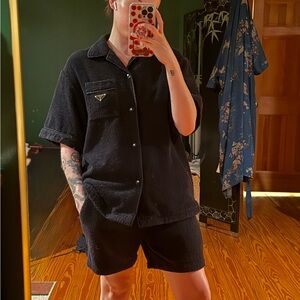 Prada Black Terry Cloth Shirt and Shorts Set